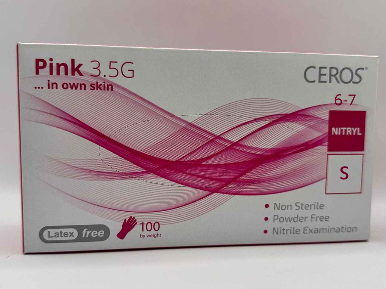 Рукавички нітрилові оглядові нестерильні неприпудрені CEROS® Pink 3.5G, S